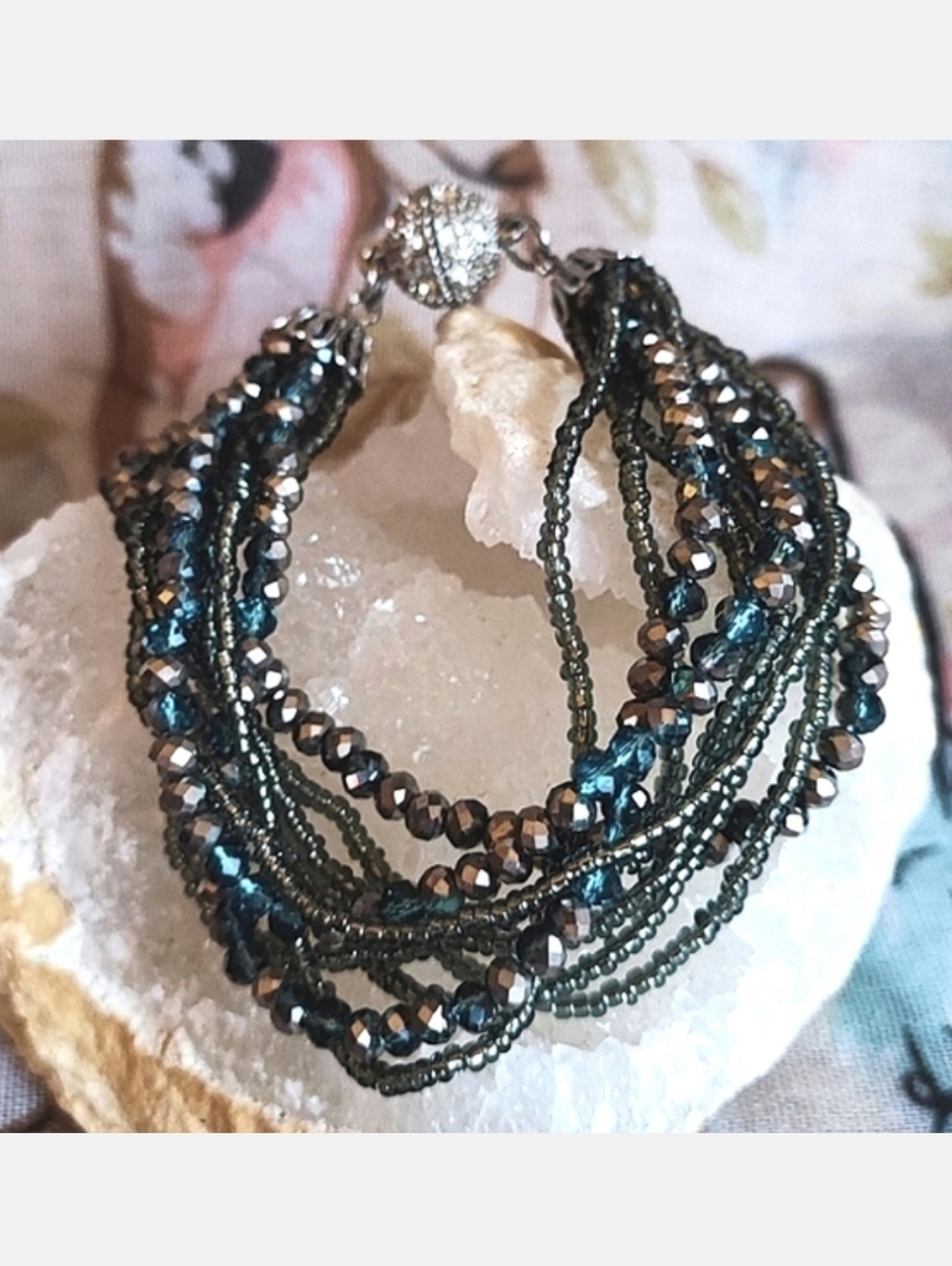 9 Strand Montana Blue Grey Bead Beaded Magnetic Clear Rhinestone Clasp Bracelet